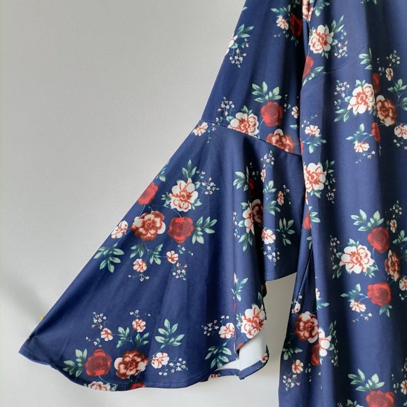 Haute Edition Womens Navy Blue Bell Sleeve Round Neck Floral Shift Dress Size 1X - Picture 4 of 10